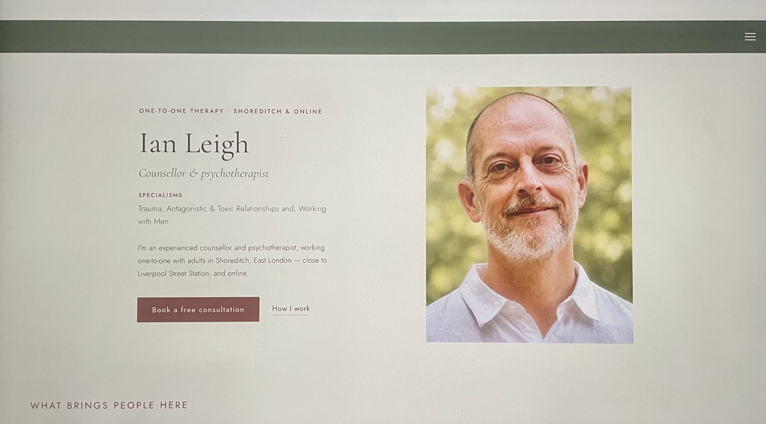 Ian Leigh &mdash; Counselling & Psychotherapy homepage on a laptop