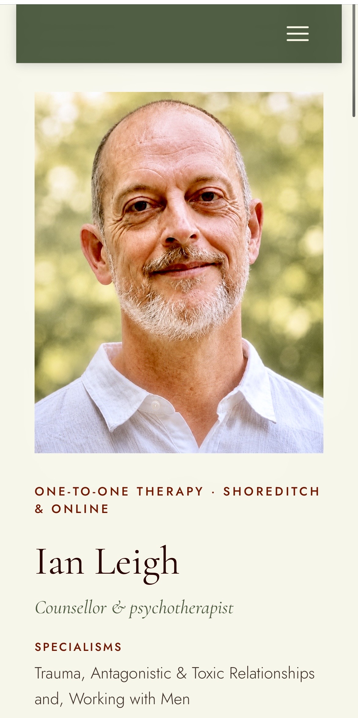 Ian Leigh &mdash; Counselling & Psychotherapy homepage on mobile